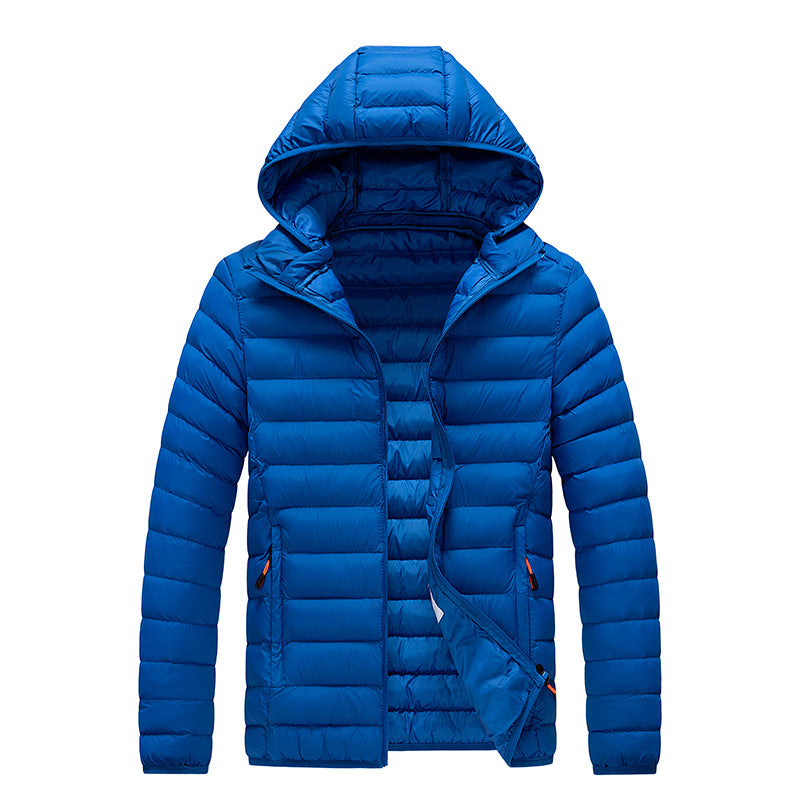 Men's blue quilted puffer jacket with hood, slim fit, lightweight for winter