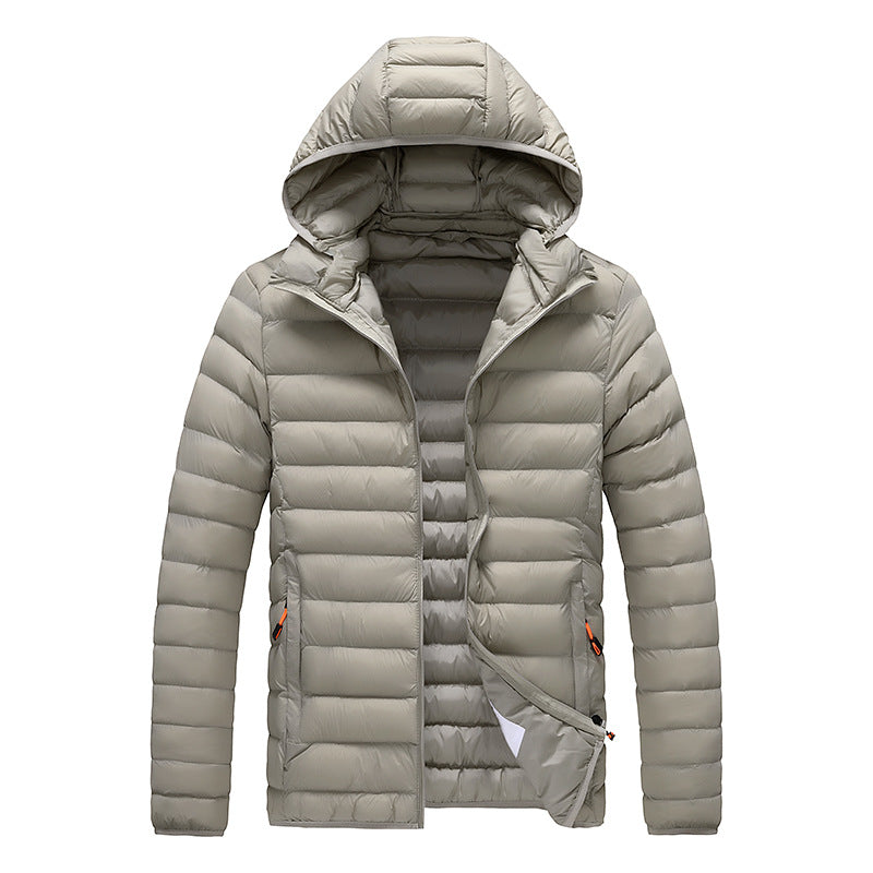 Men's puffer jacket with hood in light beige, slim-fit quilted coat with orange zipper pulls