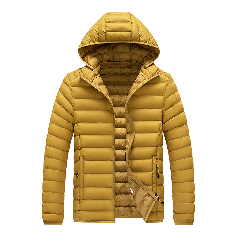 Men's slim-fit lightweight quilted puffer jacket with hood in mustard yellow