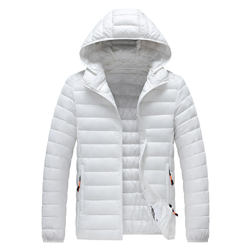 Men's white quilted hooded puffer jacket, slim fit with zip pockets