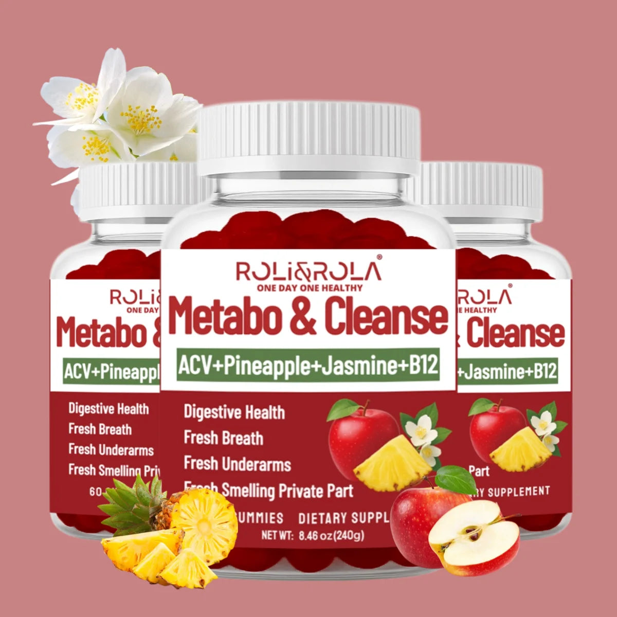 Metabo & Cleanse gummy bottles from S And B Enterprise; three red-label jars featuring ACV+Pineapple+Jasmine+B12.