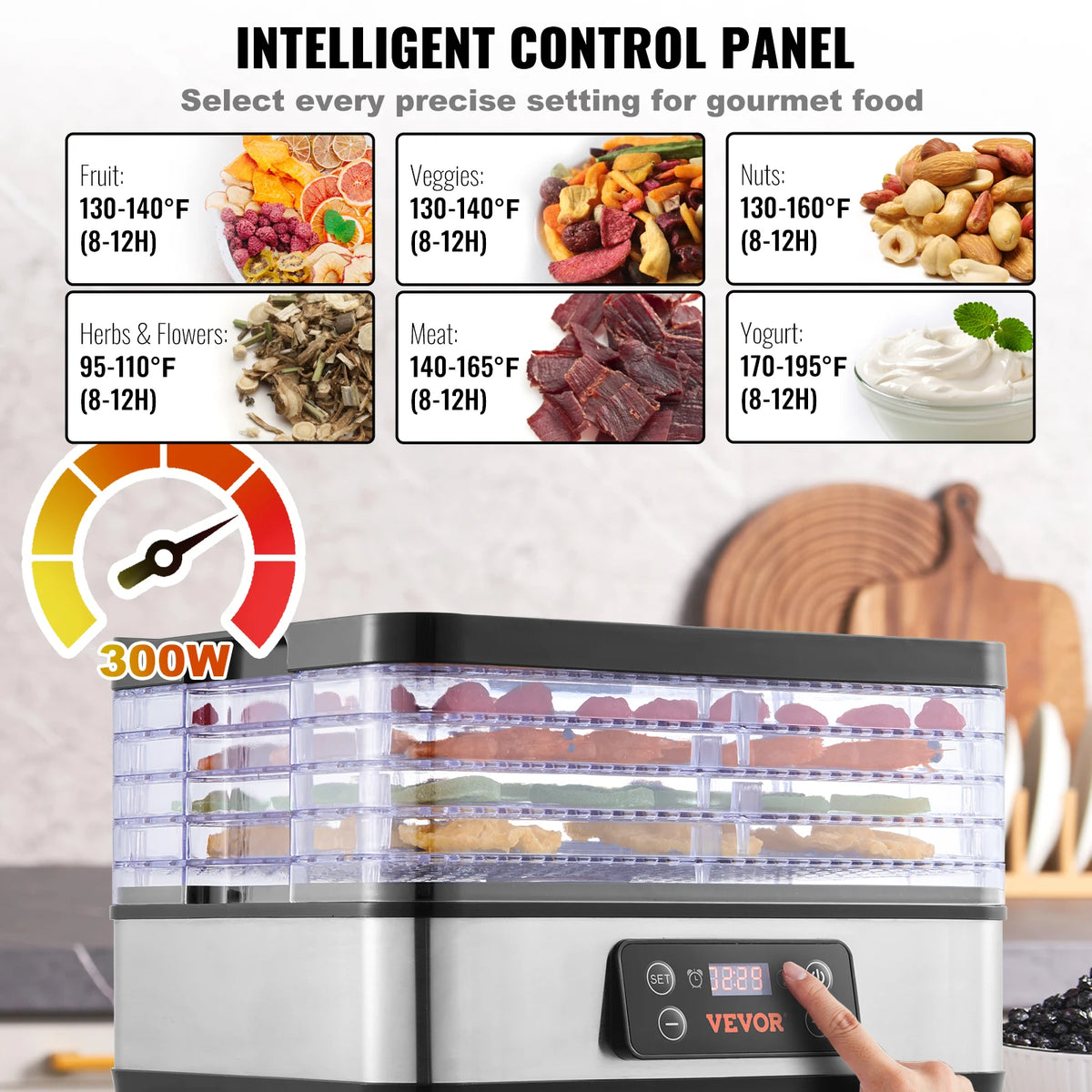 5-tray stainless steel food dehydrator with digital timer and temperature control, 300W, VEVOR