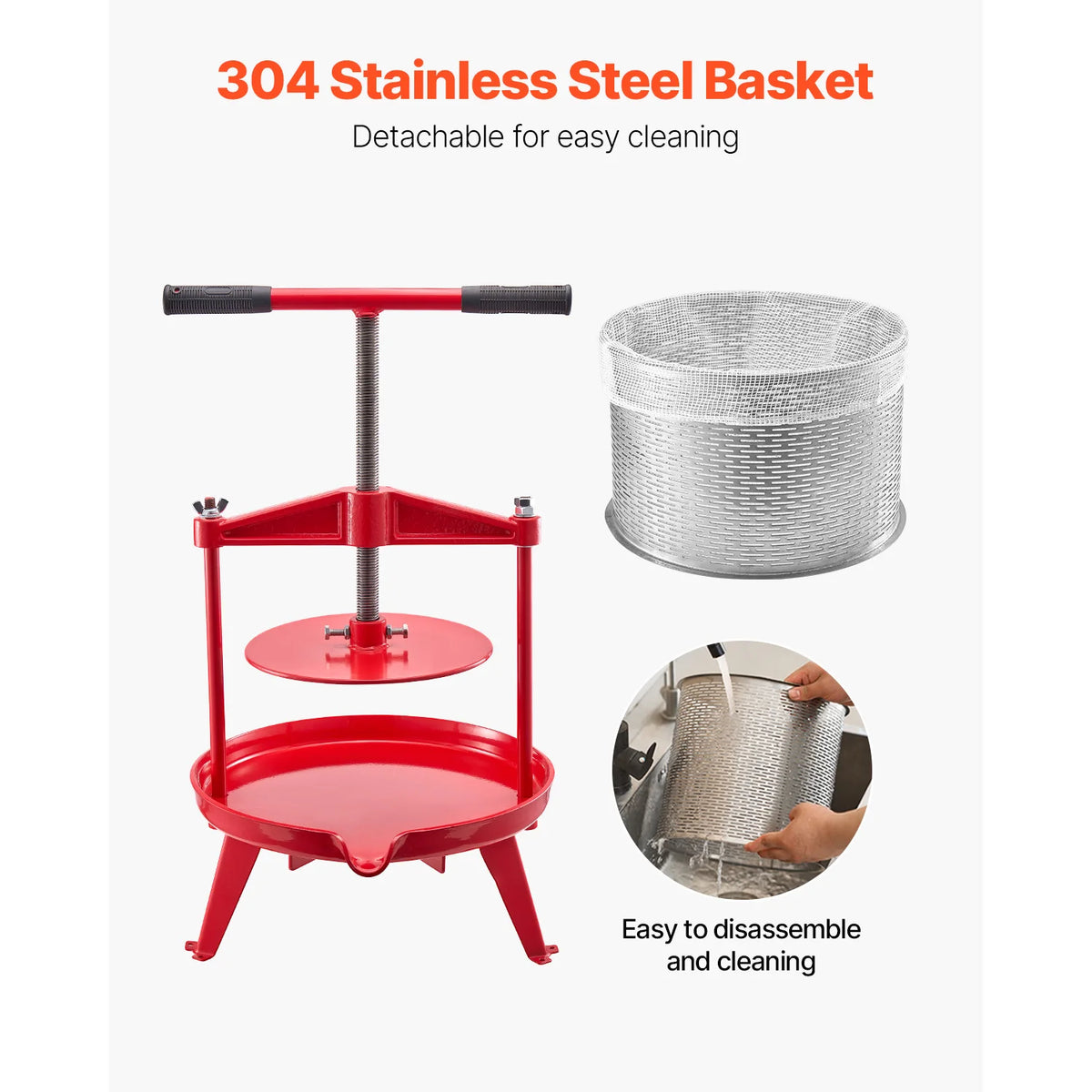 SucceBuy red manual fruit press with 304 stainless steel basket and cross-beam