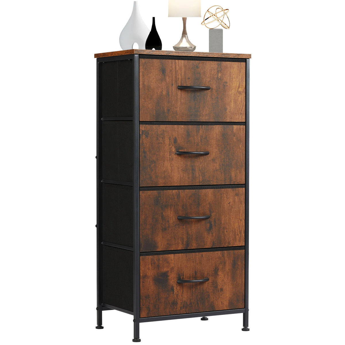 JHK dresser with four brown fabric drawers and black steel frame for bedroom storage