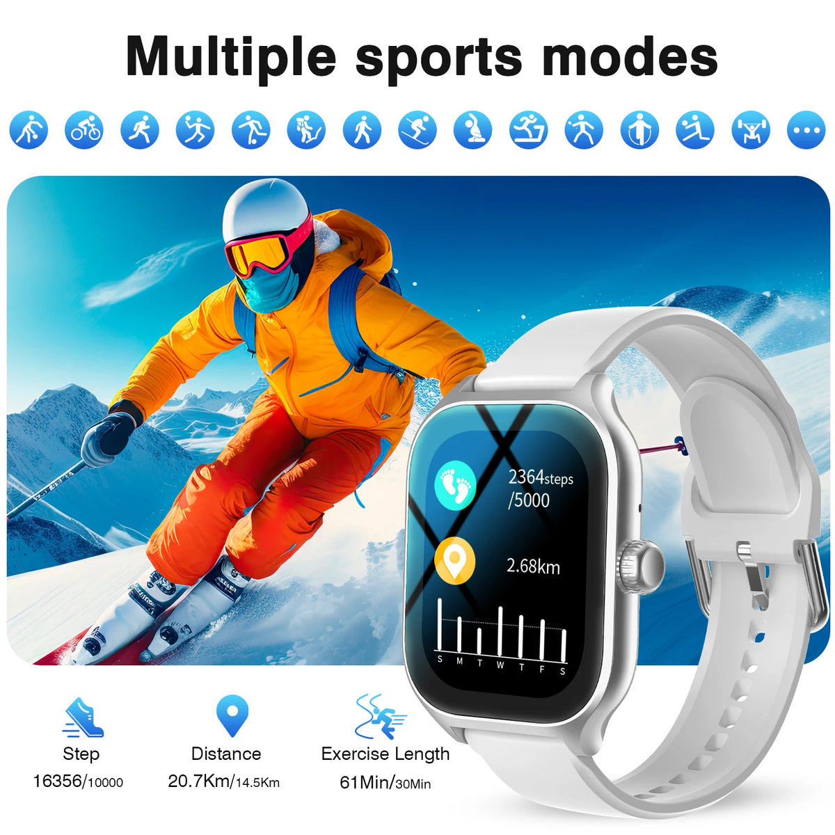 Smartwatch by S And B Enterprise with white strap and full-touch HD display showing steps and distance
