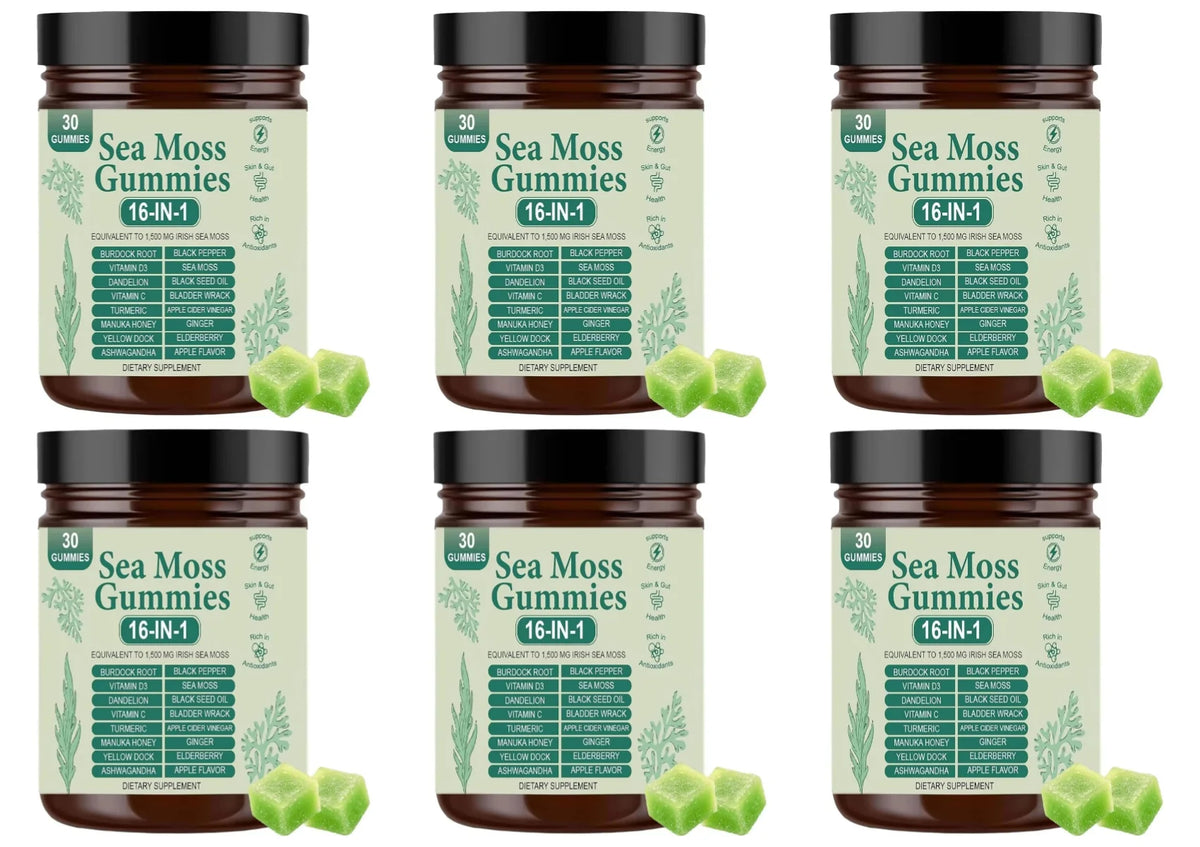 Six amber jars of Irish Sea Moss Gummies by S And B Enterprise, 16-IN-1 Apple flavor, 30 gummies each
