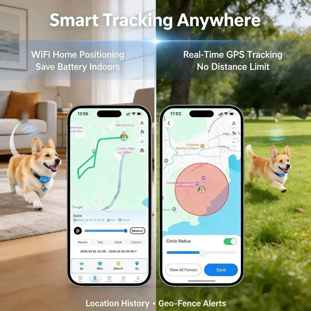GPS Pet Tracker 4G for dogs & cats by S And B Enterprise; built-in SIM, real-time tracking, IP67 waterproof, two dogs