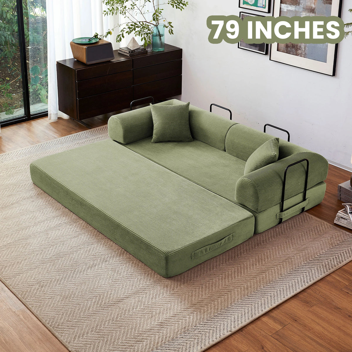 79in boneless futon sofa bed in green ribbed fabric with black metal L-shaped armrests