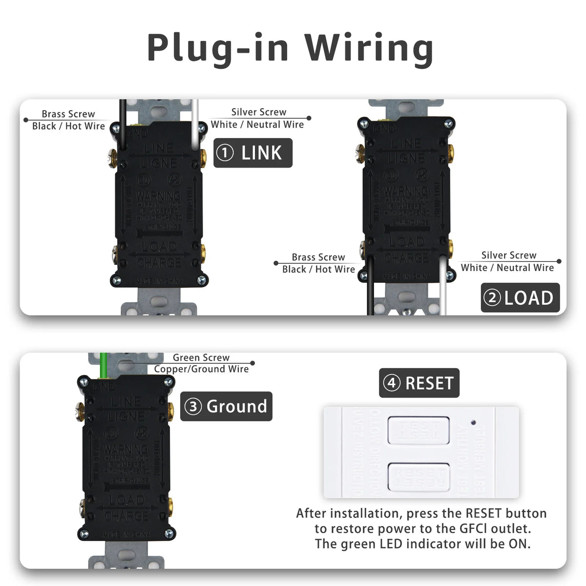 Two GFCI receptacle wiring diagrams showing line and load connections with brass and silver screws.