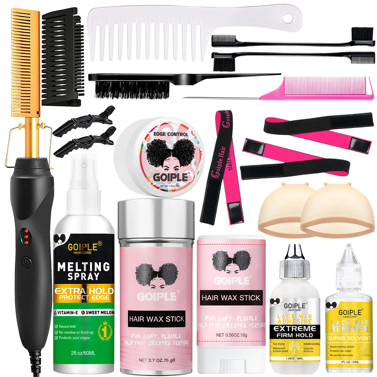 GOIPLE lace wig installation kit including electric hot comb, edge control, melting spray, wig glue, remover, wax sticks