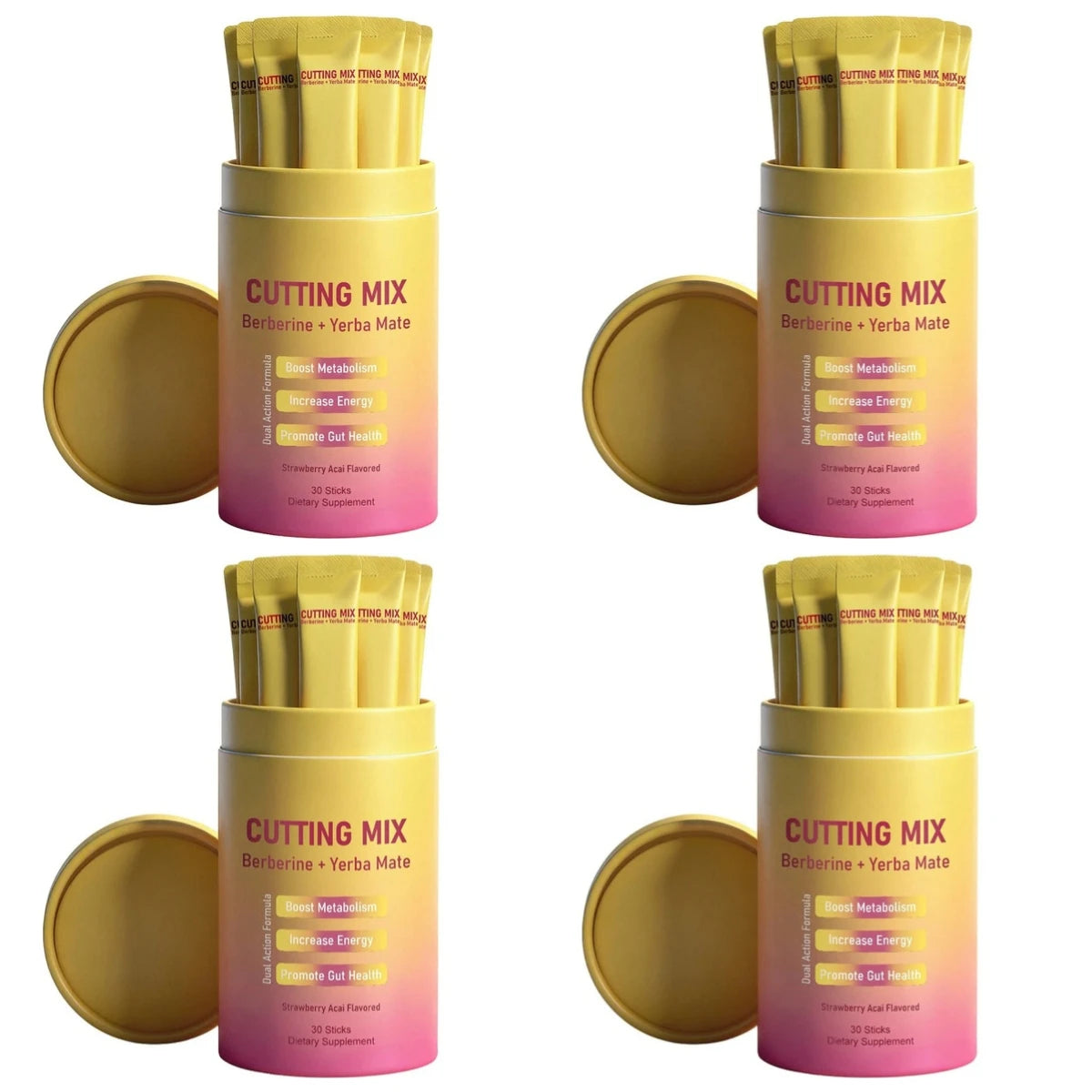 Cutting Mix Berberine + Yerba Mate drink mix sticks, strawberry acai flavor, 4 containers shown