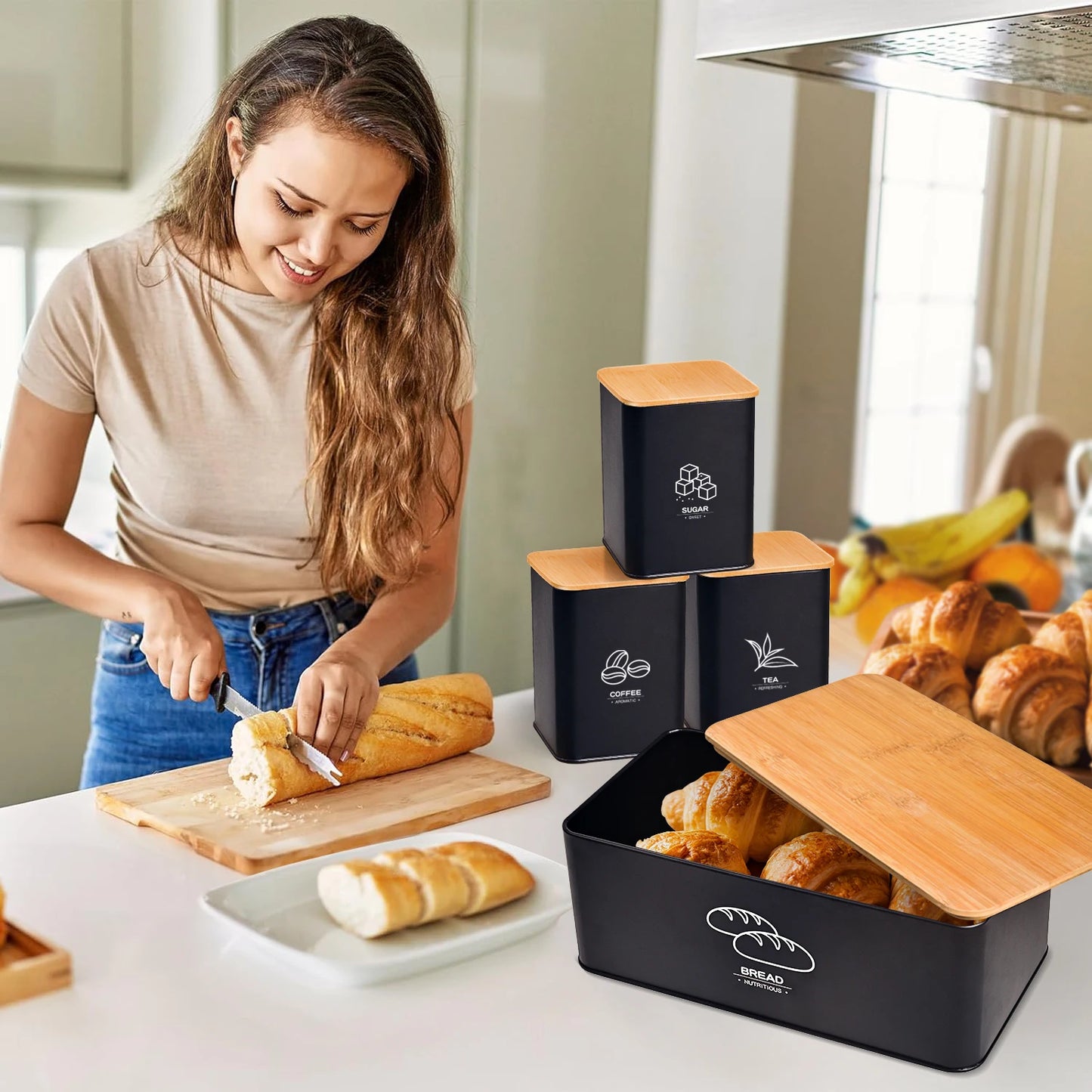 Metal Bread Box With Lidded Jar Set for Kitchen Storage by S And B Enterprise