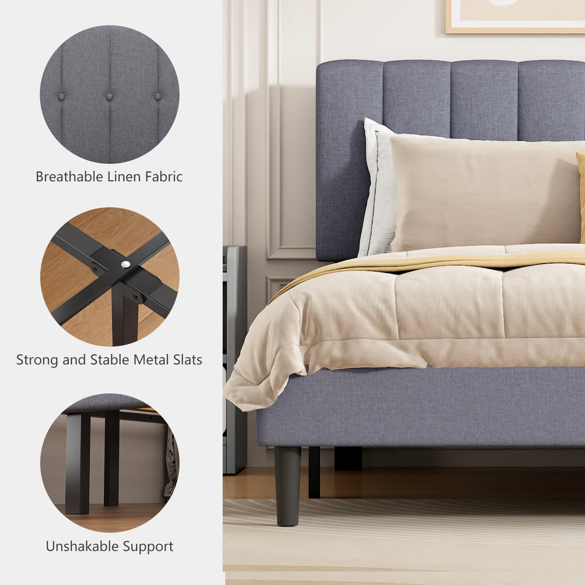 JHK Wooden Upholstered Platform Bed With Adjustable Headboard by S And B Enterprise