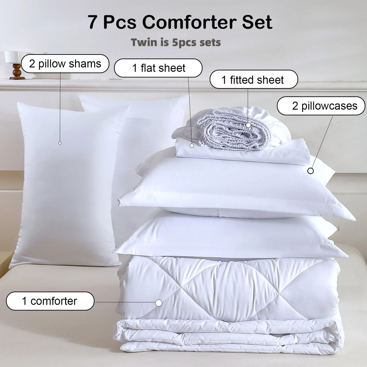 7-piece white twin bedding set by S And B Enterprise with comforter, sheets, pillow shams and pillowcases