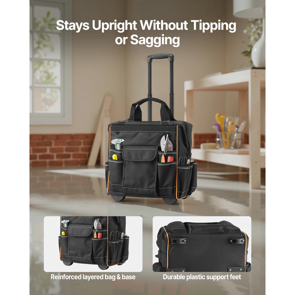 SucceBuy rolling tool bag on wheels with 25 pockets, black fabric with orange trim and telescoping handle.