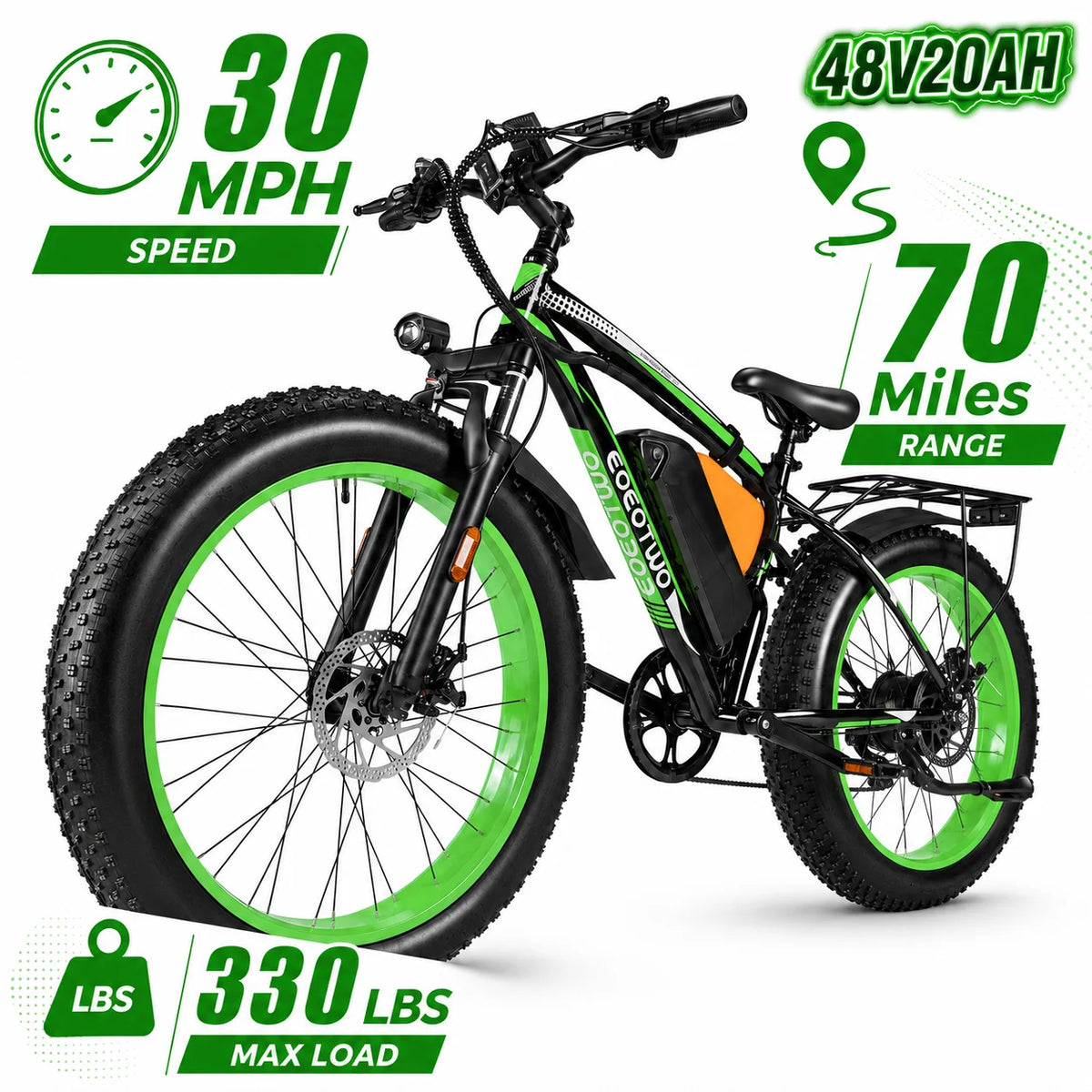 26-in Fat Tire Electric Bike for Adults, black frame with neon-green rims, 48V 20Ah battery.