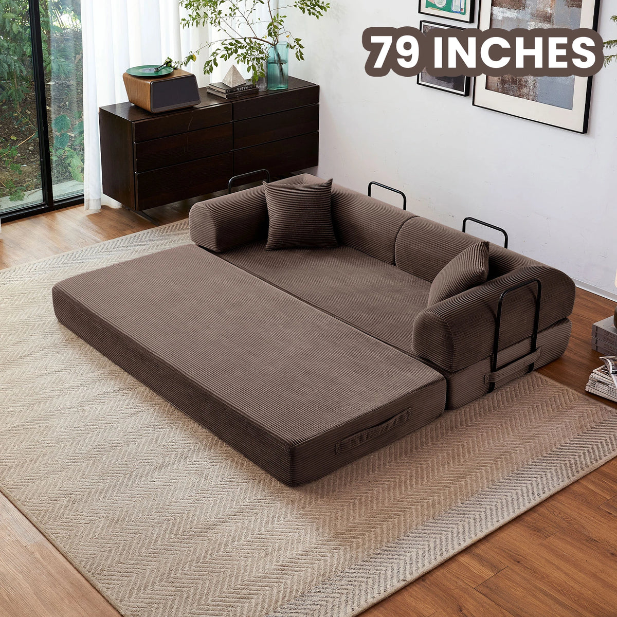 79-inch boneless couch foldable futon sofa bed in brown fabric with black metal arms