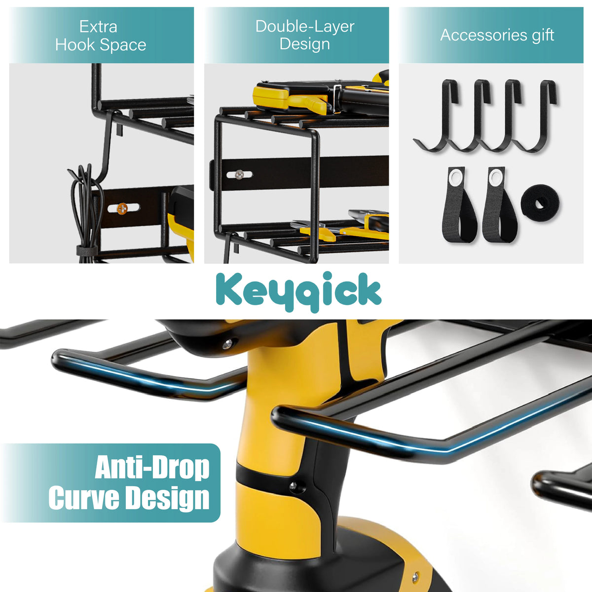Power tool storage rack set, black metal, double-layer wall-mounted organizer with anti-drop design for drills.
