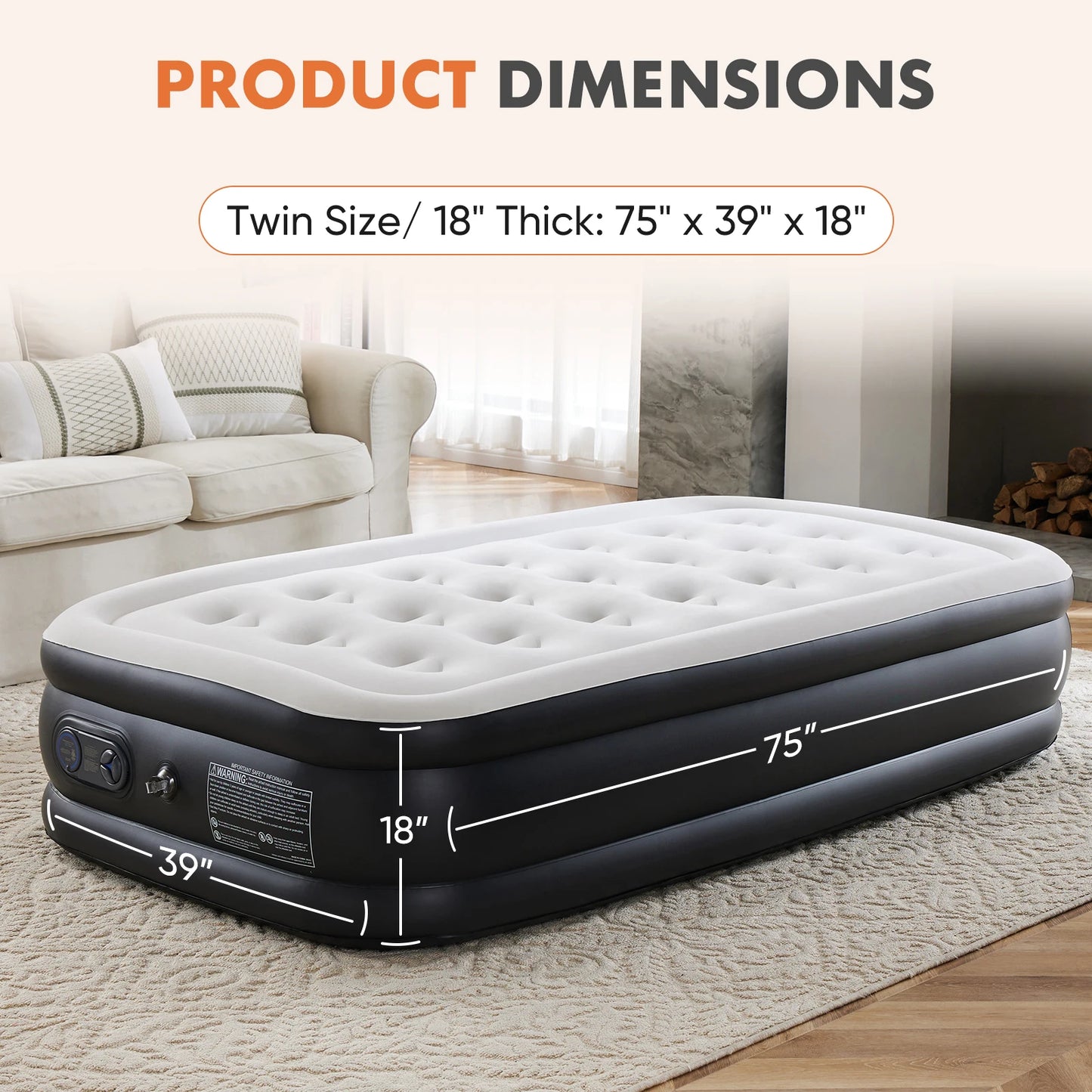 MCQ 18IN Tall Air Mattress with Built-in Pump, twin size, 75x39x18 in, non-slip bottom, S And B Enterprise