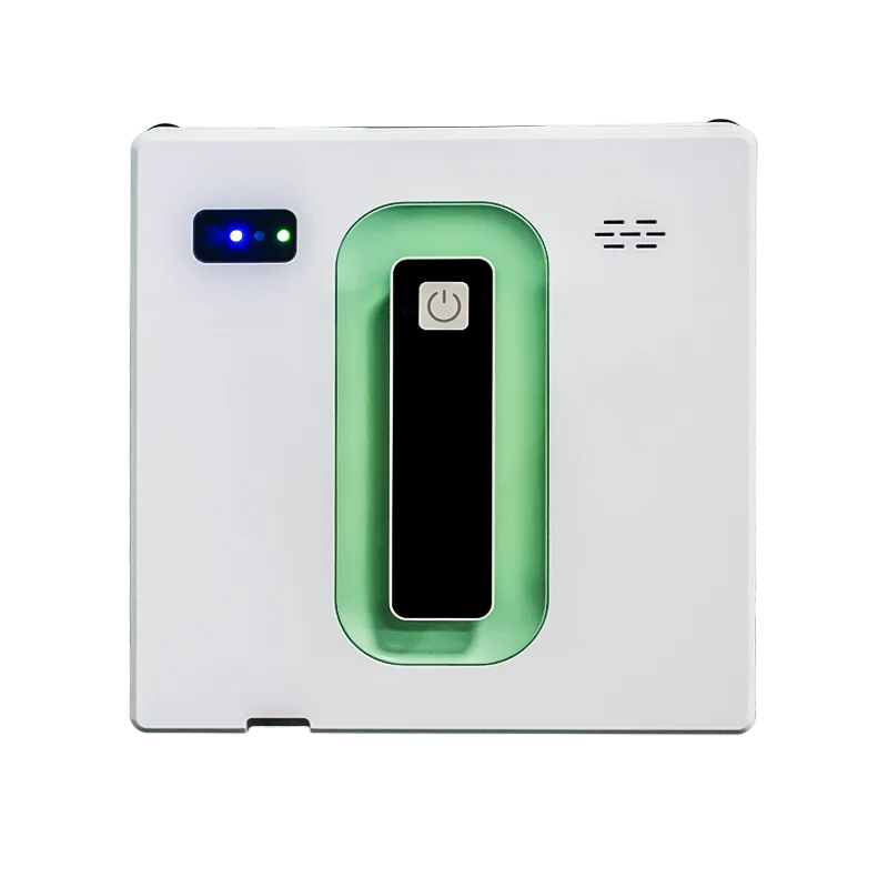 PuRuiKai window cleaning robot, white unit with green inset and black control panel; app/remote control