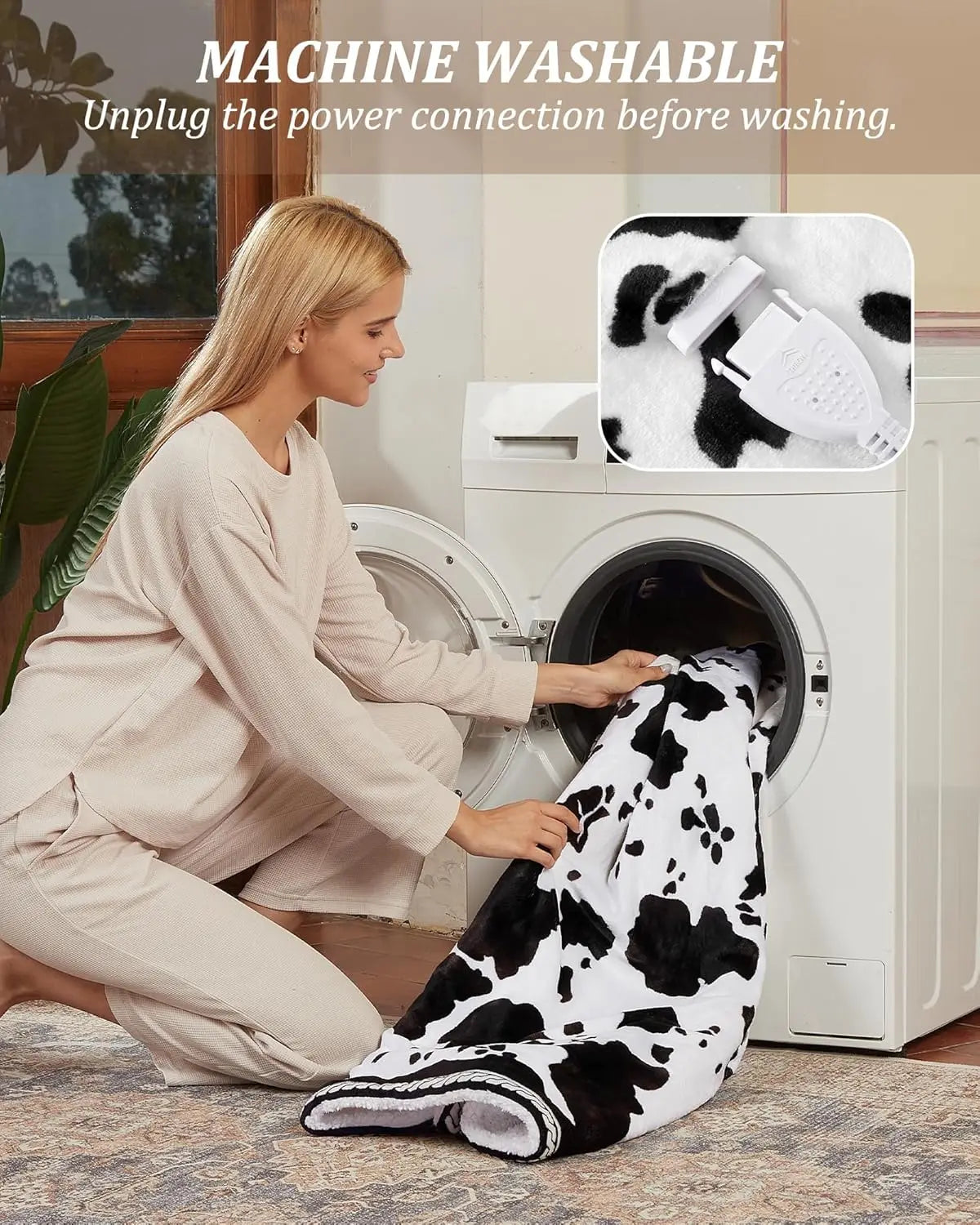 Heated electric blanket, cow print; person loads blanket into a front-load washer; inset shows LCD controller.