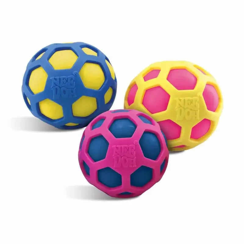 Needoh atomic stress relief balls trio in blue-yellow, yellow-pink, pink-blue