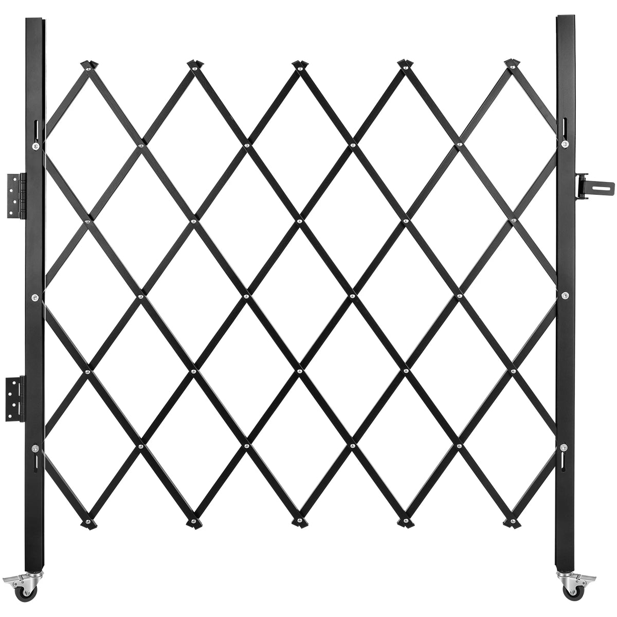 Single folding security gate, black steel accordion with diamond lattice and casters.