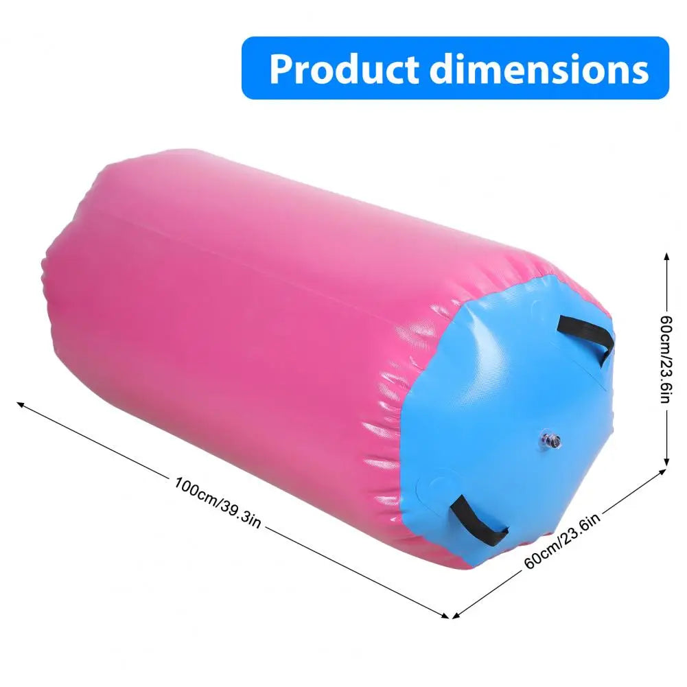 Air roller gymnastics inflatable barrel for home gym, pink body with blue ends, S And B Enterprise