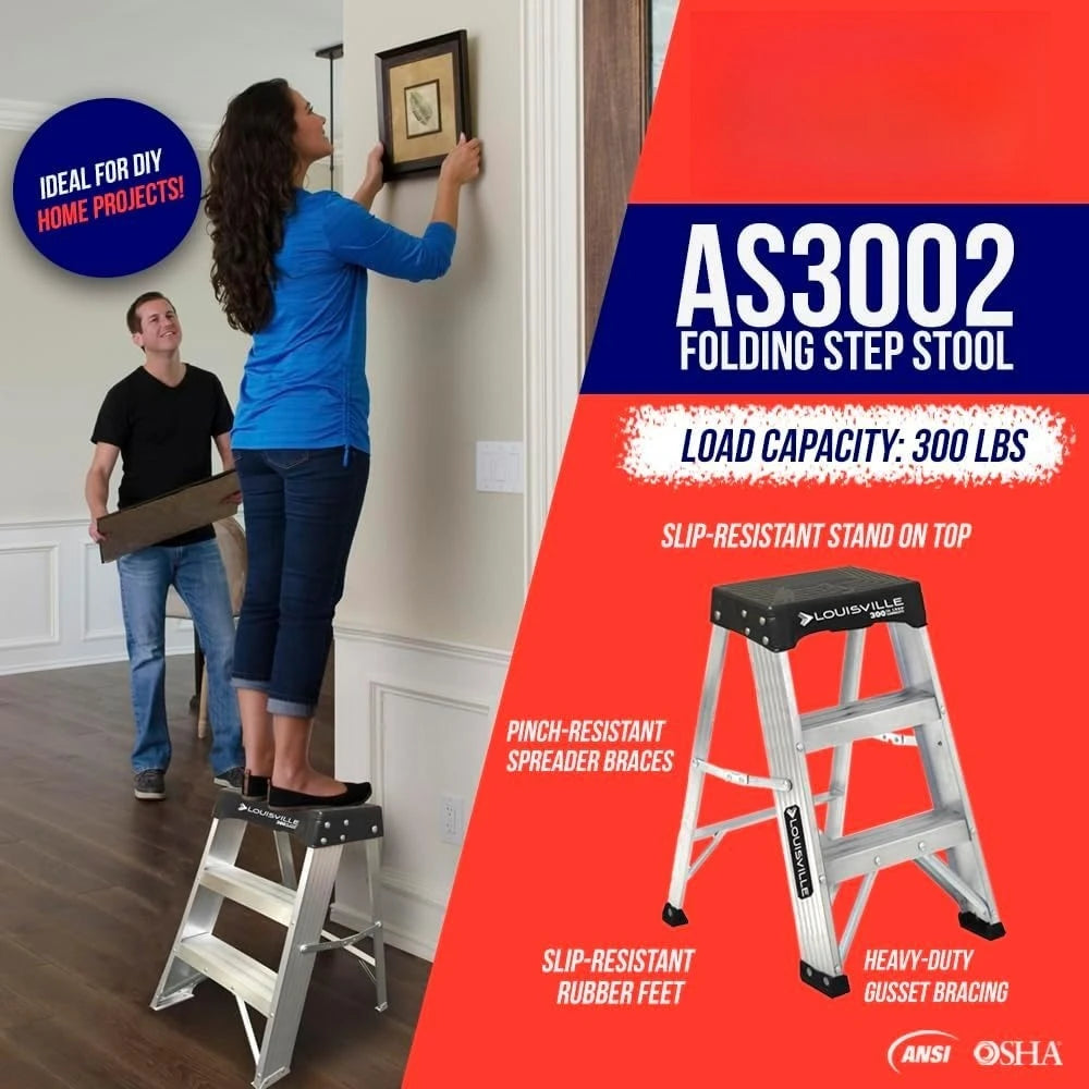 Aluminum folding step stool, 2-foot height, 300 lb capacity, Louisville brand.