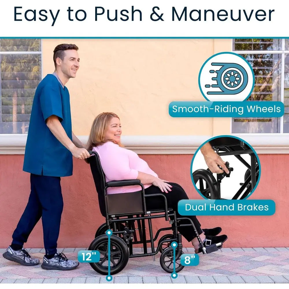 Bariatric Transport Wheelchair for Adults - Supports 450lbs - Foldable, Heavy Duty Travel Wheel Chair - Portable, Transfer Aid w by S And B Enterprise