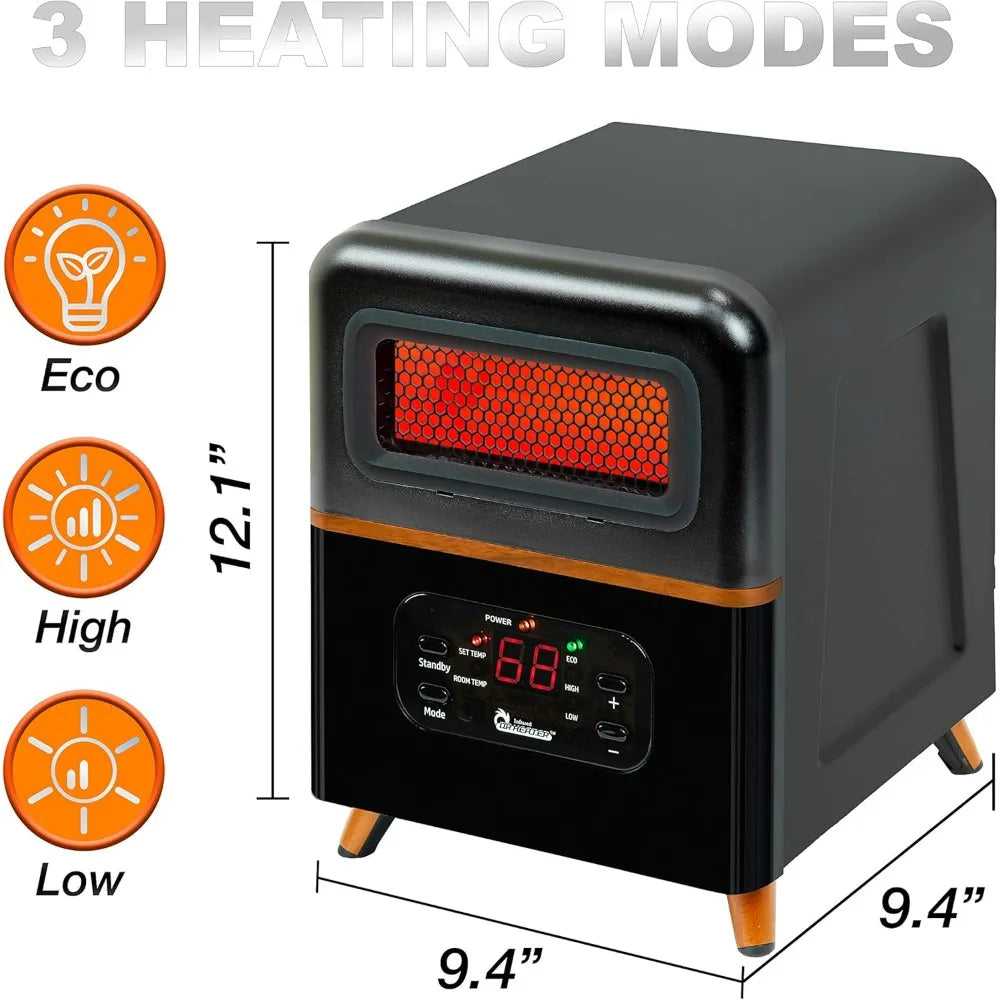 Dr Infrared Heater DR-978 1500W portable infrared space heater, black unit with orange accents and digital display.