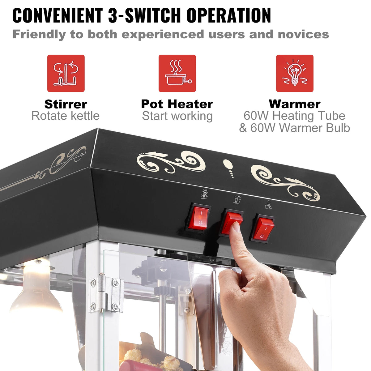 SucceBuy 8 oz popcorn popper machine, black countertop unit with three red switches.