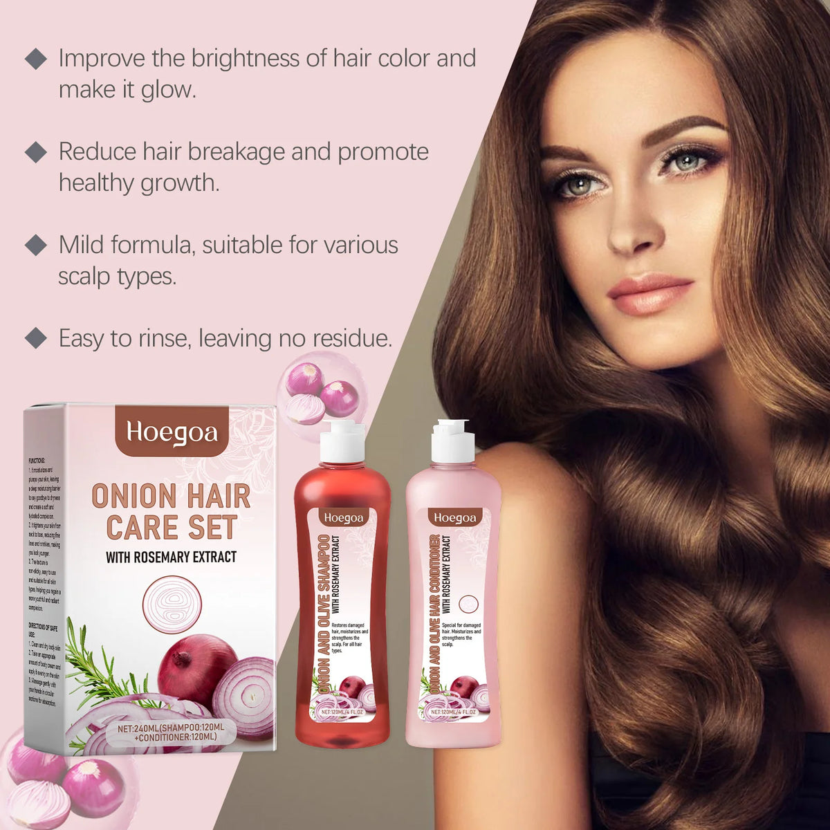 Onion hair care set by Hoegoa with rosemary extract, includes shampoo and conditioner bottles in pink packaging