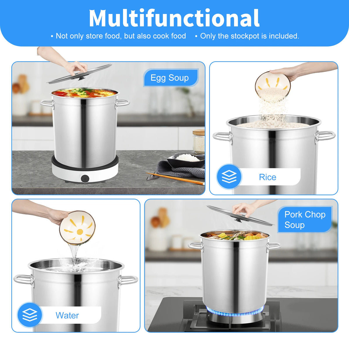 S And B Enterprise stainless steel soup pot with lid and handles (35/50/70L) on stove