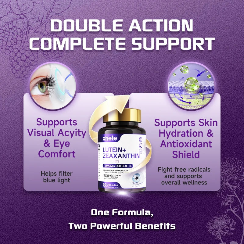 AHETE Lutein supplement bottle by S And B Enterprise, 60 capsules, purple banner highlighting eye and skin benefits.