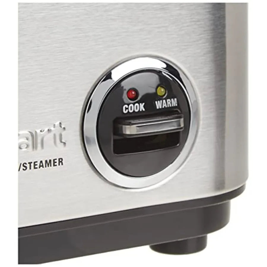 Kitchen rice cooker by S And B Enterprise with silver stainless steel exterior and Cook/Warm dial