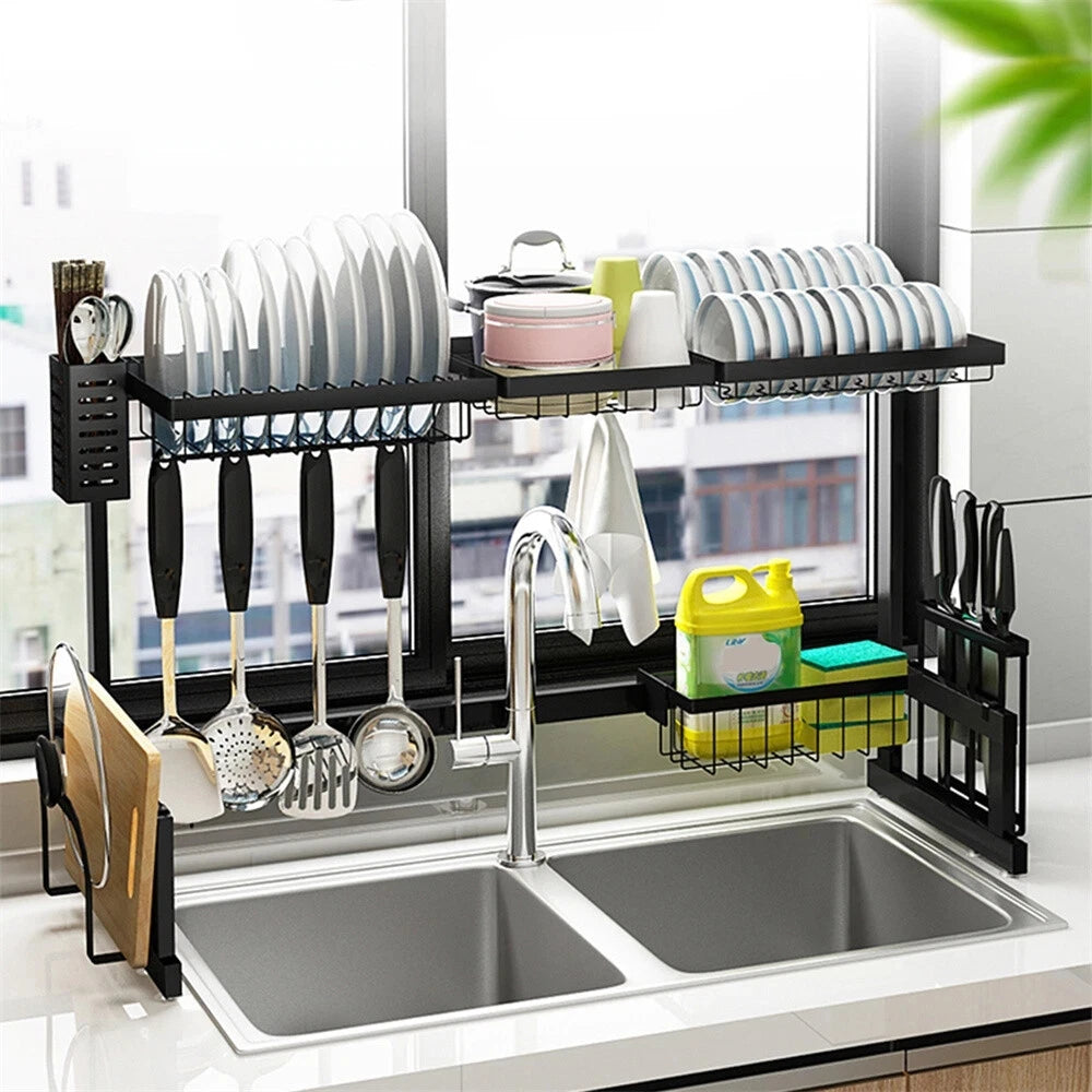 Over-the-sink two-tier dish drying rack in black stainless steel with utensil and knife holders and hooks