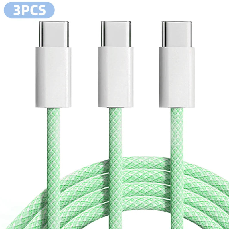 3-pack nylon braided USB-C fast-charge cables, 6 ft, mint green cords