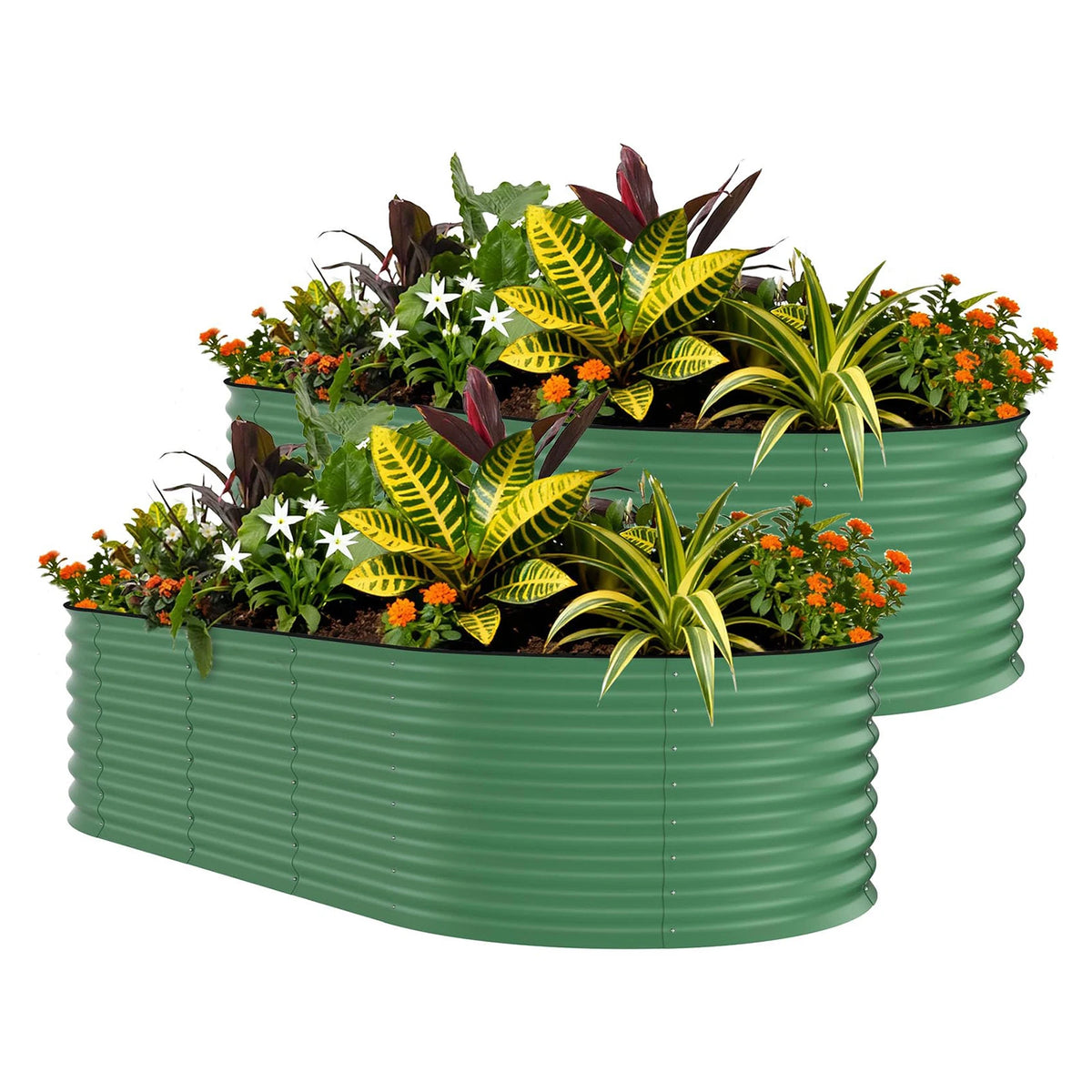2-pack green galvanized raised garden beds filled with assorted plants and flowers