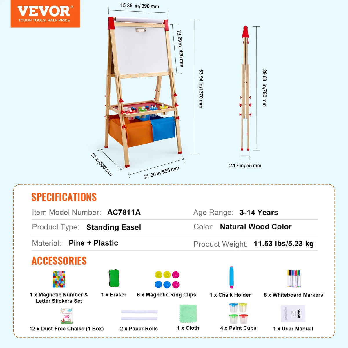 SucceBuy children standing easel with whiteboard, natural wood color, and fabric storage bins