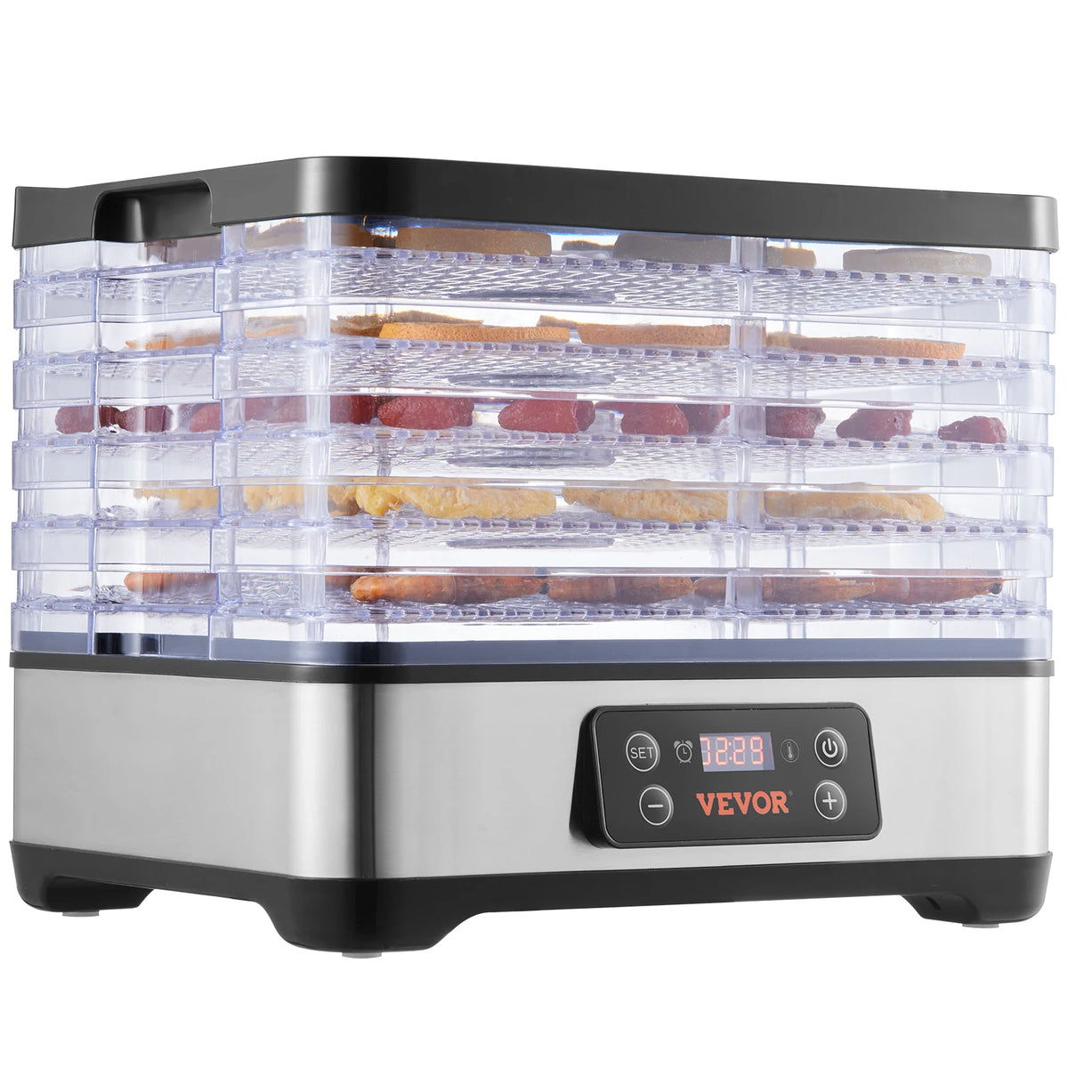 5-tray stainless steel food dehydrator with clear trays and digital timer/temperature control, VEVOR