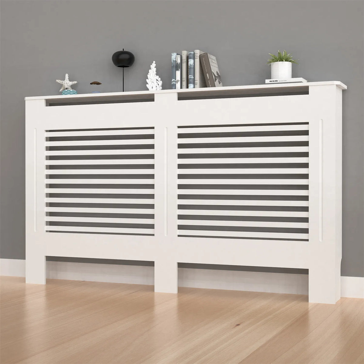 Radiator cover cabinet, dual-panel white MDF with horizontal slatted grills, by S And B Enterprise, 36.2 inches tall.