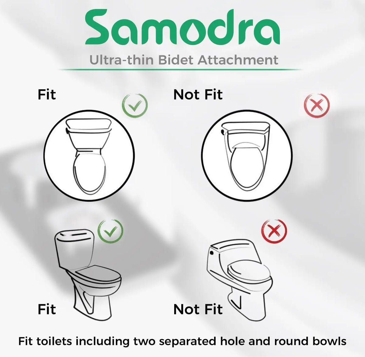 SAMODRA Ultra-thin Bidet Attachment diagram with brand logo; shows fit vs not-fit for two toilet types.