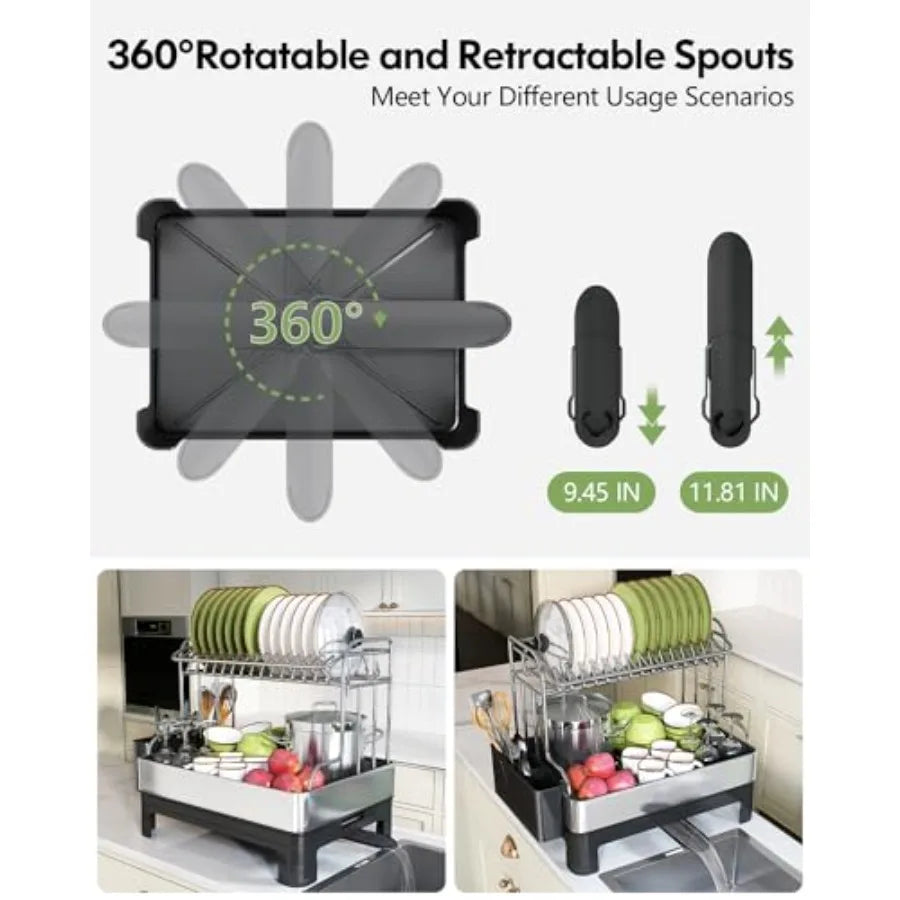 2-tier stainless steel dish drying rack with drain board, silver, rust-resistant by S And B Enterprise