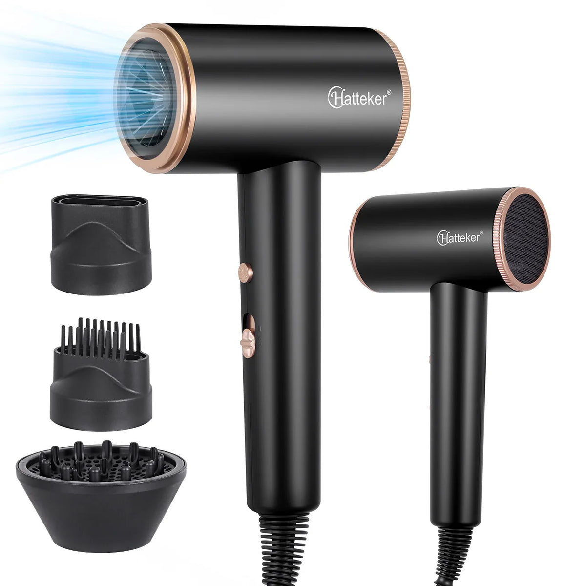 Hatteker black high-power hair dryer set of 2 with rose-gold trim and multiple attachments.