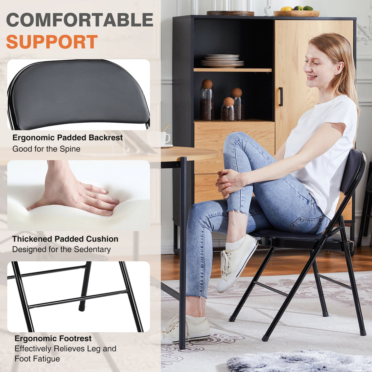 JHK leather padded folding chair with ergonomic backrest, black metal frame; 4-pack