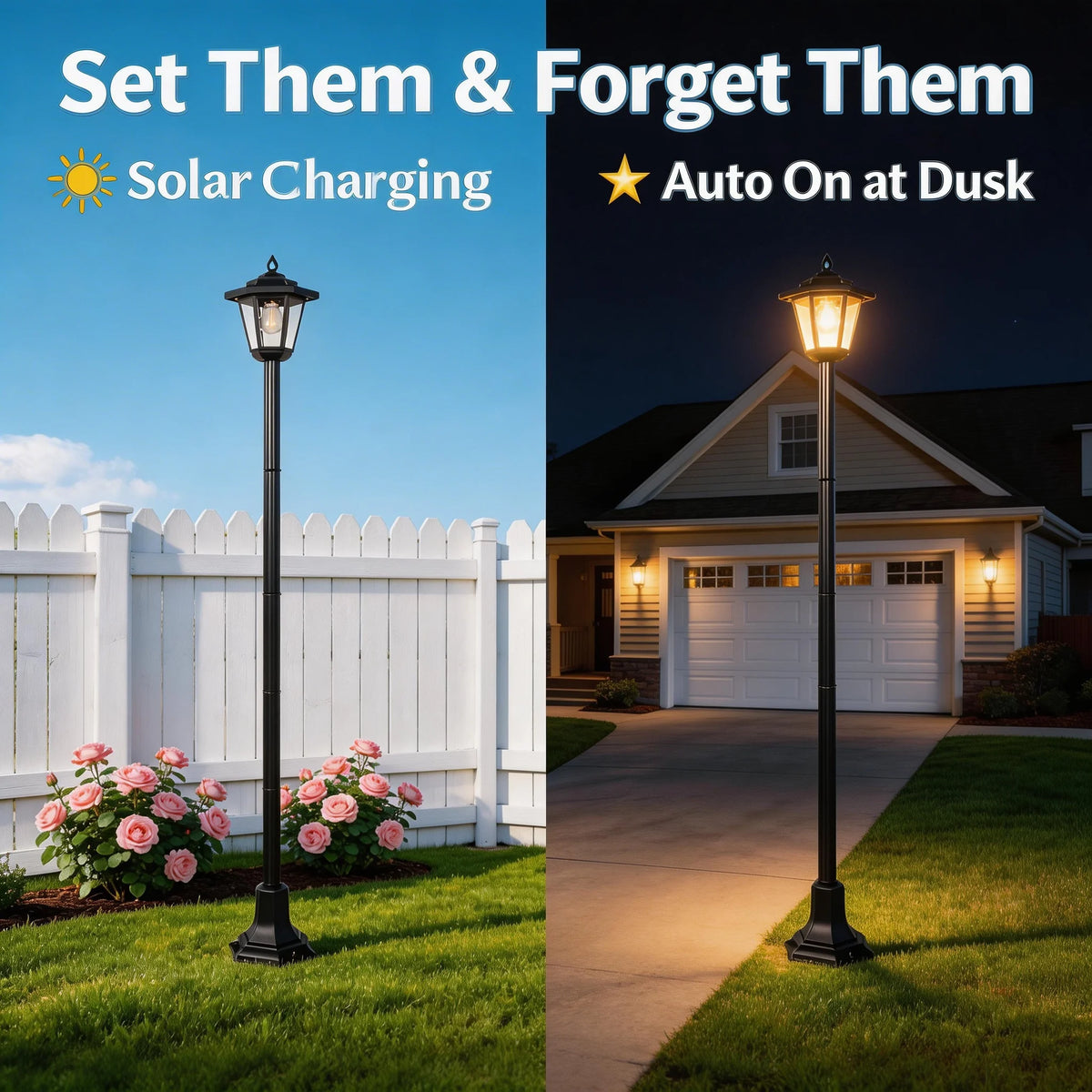 2-pack solar post lights for outdoor landscape lighting; black finish, weatherproof, dusk-to-dawn LED.