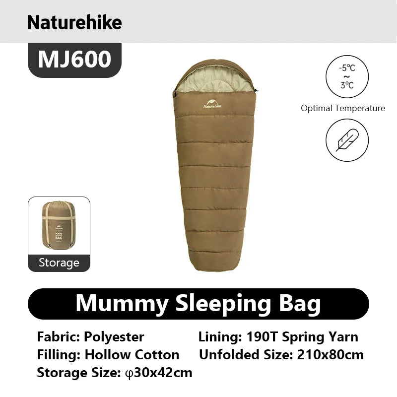 Naturehike Mummy Sleeping Bag MJ600 brown polyester fabric, storage bag included