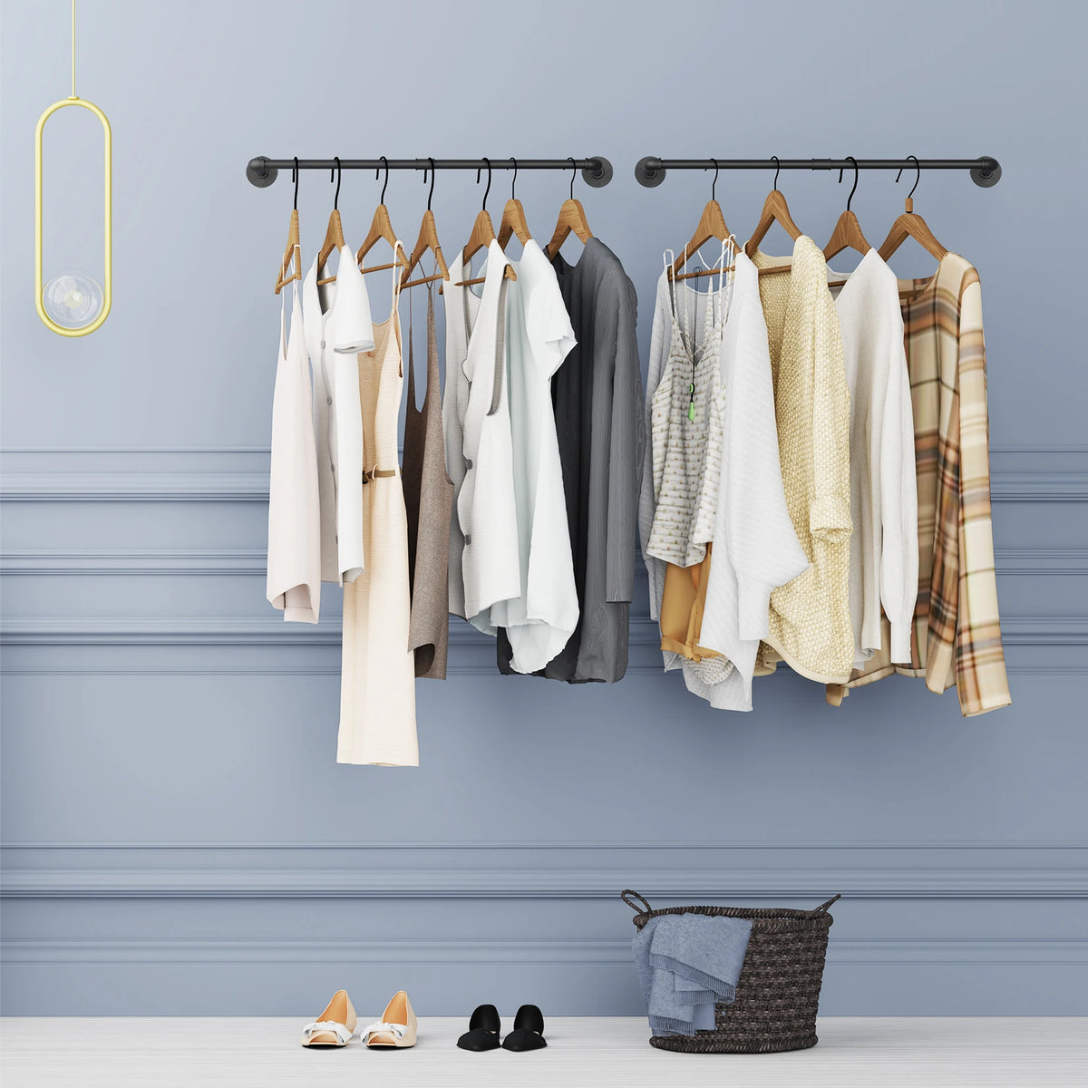 Pack of 2 industrial pipe clothes rails, wall-mounted garment racks in black with wooden hangers and clothes