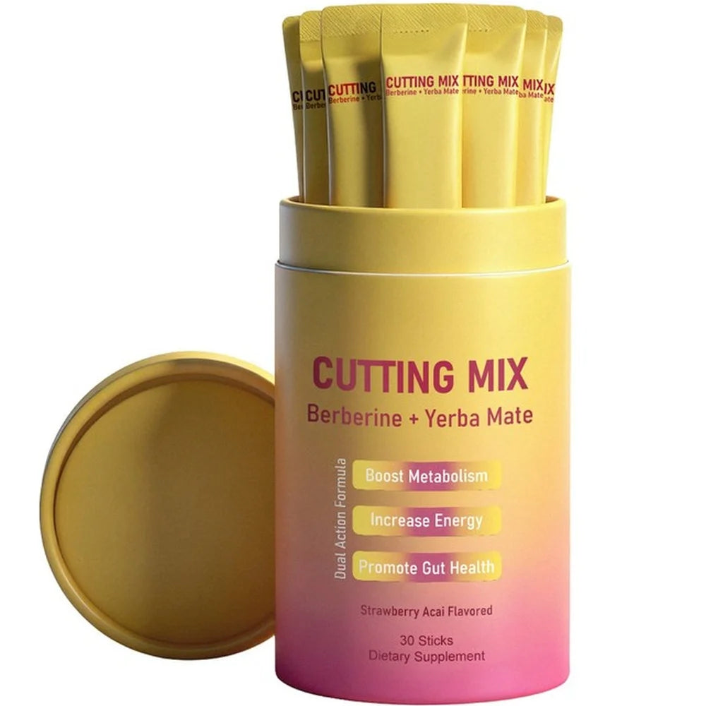 Cutting Mix Berberine + Yerba Mate sticks tin, 30 sticks, strawberry acai flavored, yellow container